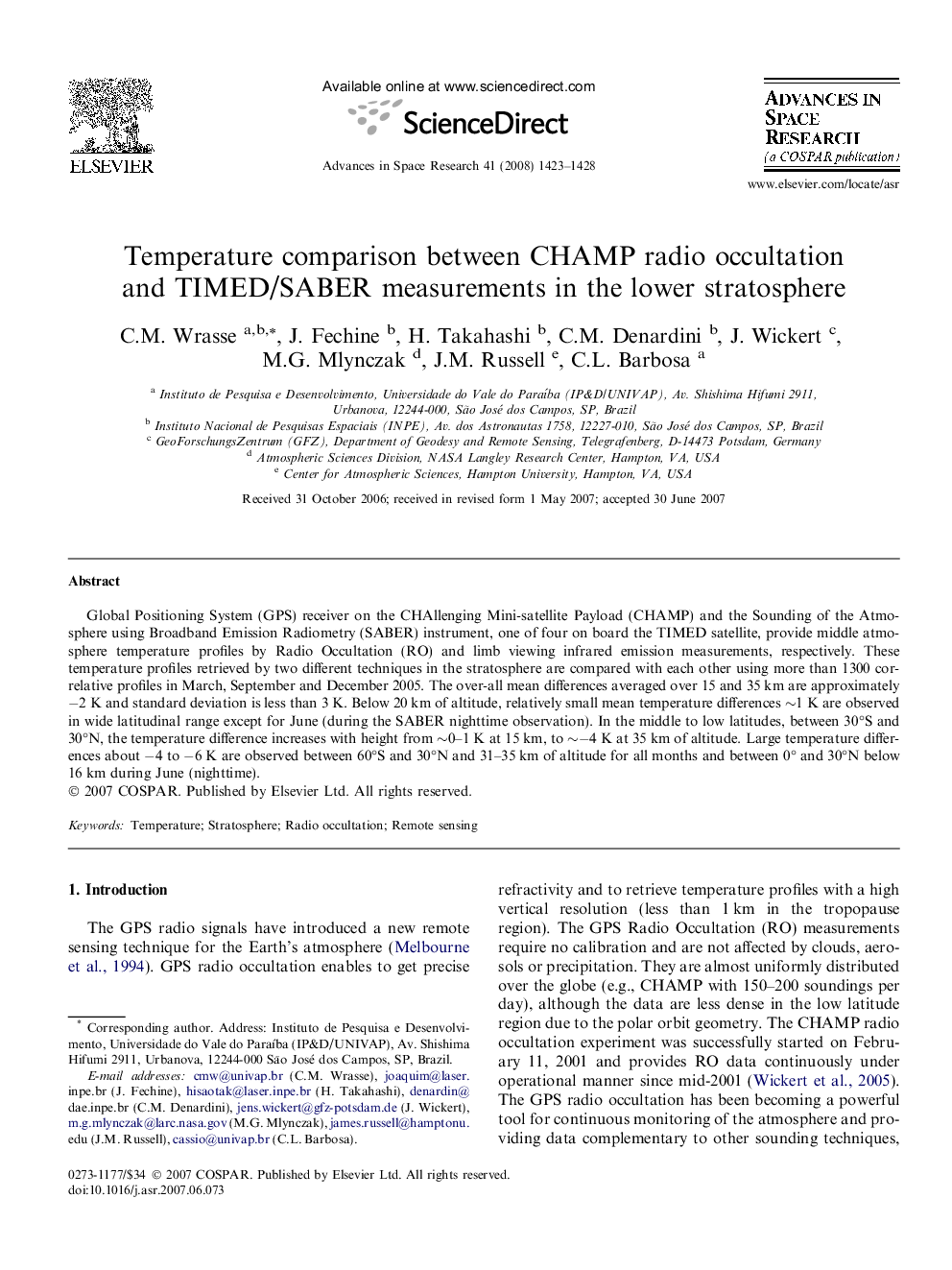 Temperature comparison between CHAMP radio occultation and TIMED/SABER measurements in the lower stratosphere