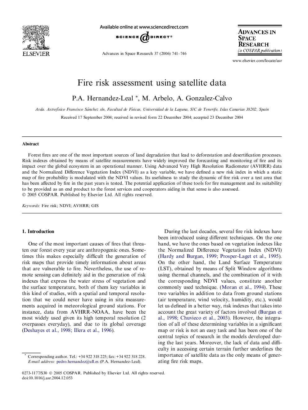 Fire risk assessment using satellite data