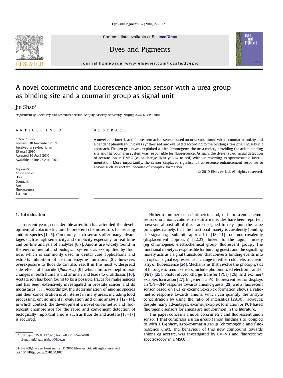 A novel colorimetric and fluorescence anion sensor with a urea group as binding site and a coumarin group as signal unit