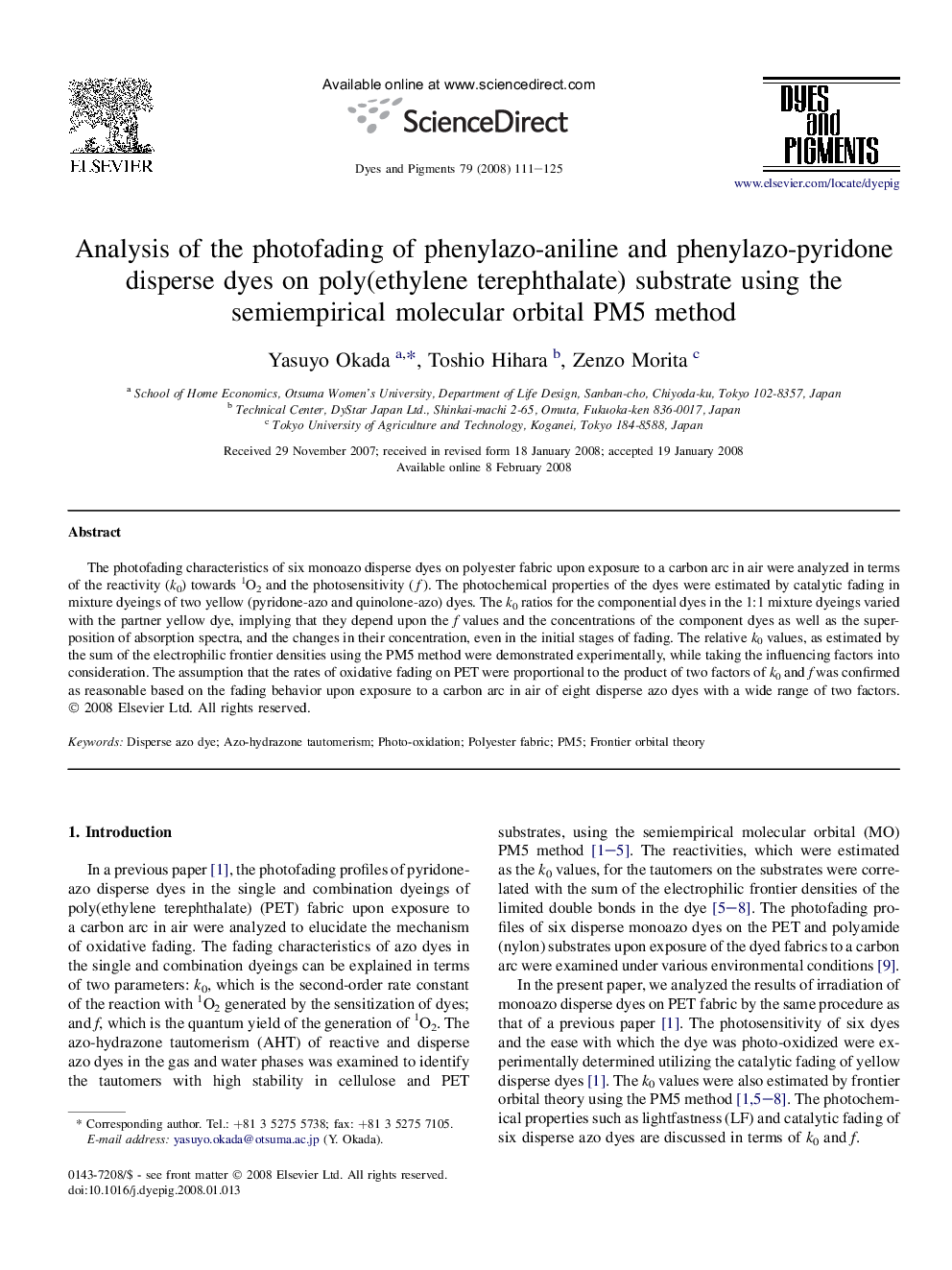 Analysis of the photofading of phenylazo-aniline and phenylazo-pyridone disperse dyes on poly(ethylene terephthalate) substrate using the semiempirical molecular orbital PM5 method
