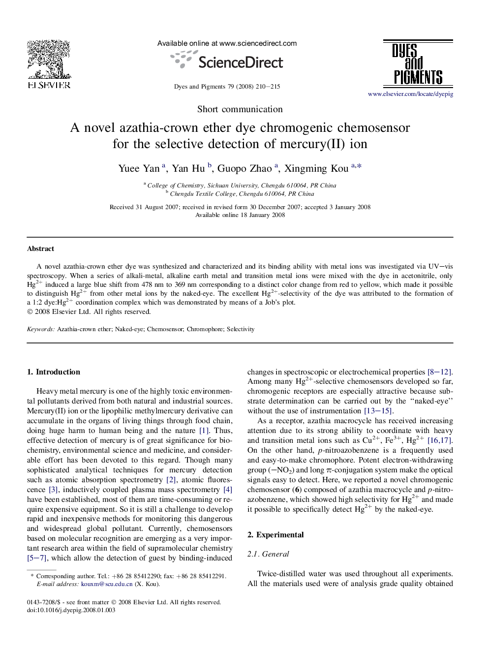 A novel azathia-crown ether dye chromogenic chemosensor for the selective detection of mercury(II) ion