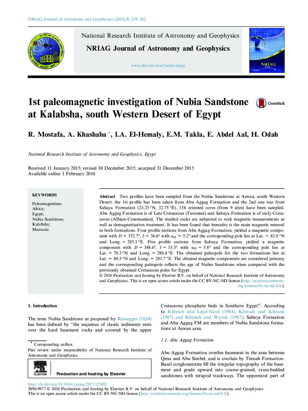 بررسی پالئومغناطیسی نخست از ماسه سنگ نوبیا در Kalabsha، صحرای جنوب غربی مصر