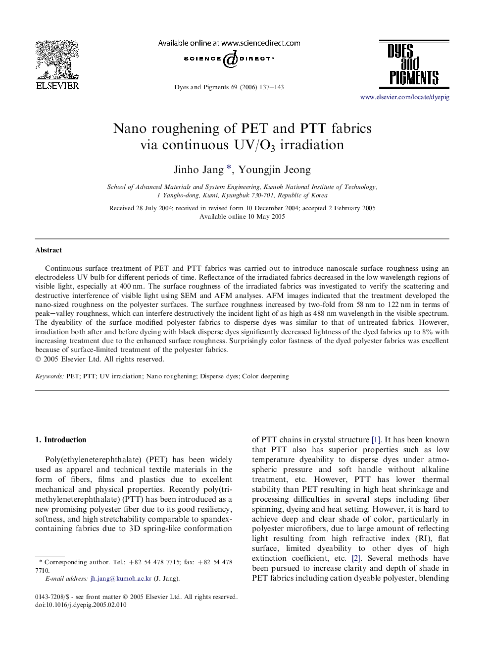 Nano roughening of PET and PTT fabrics via continuous UV/O3 irradiation