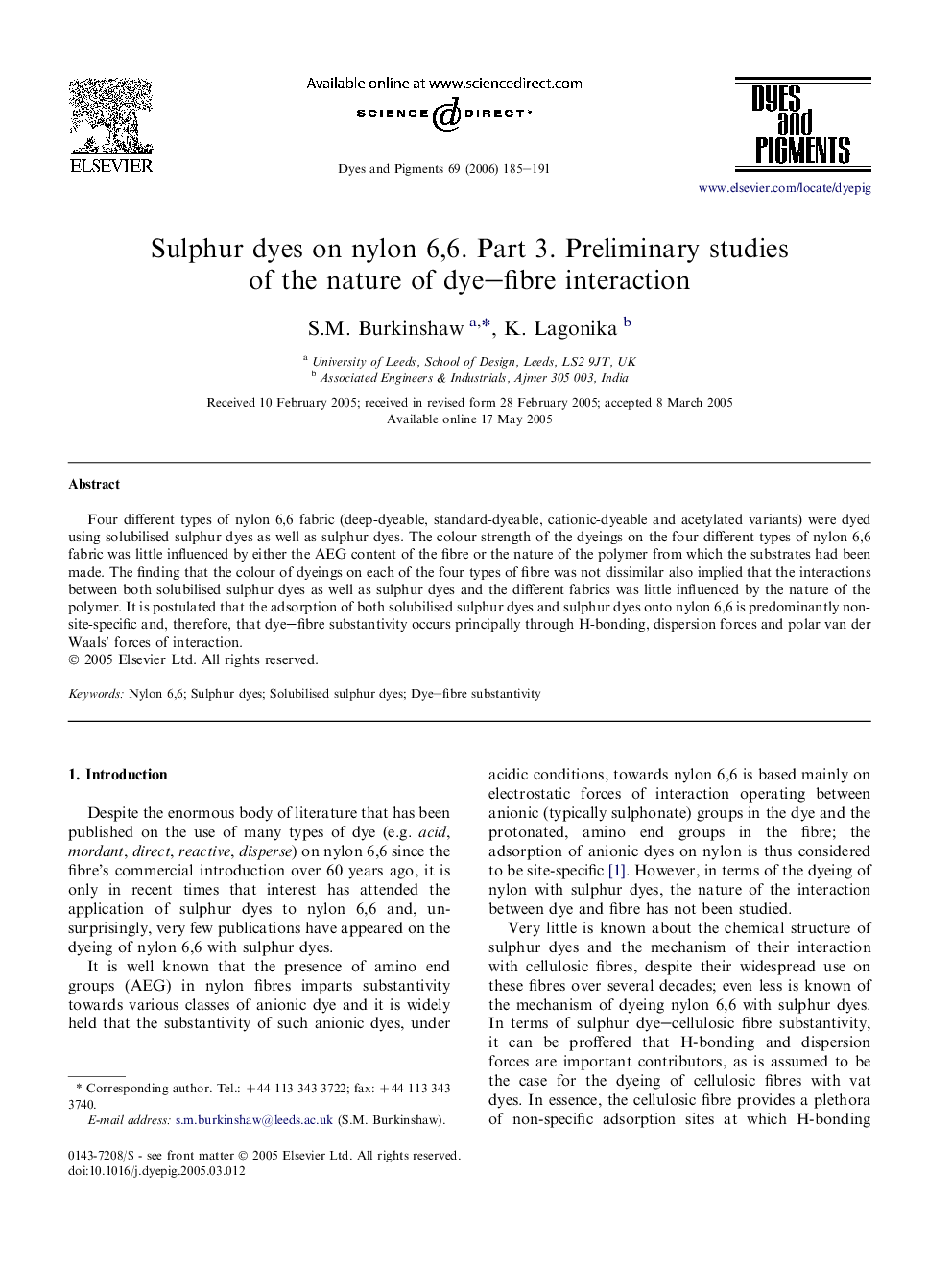 Sulphur dyes on nylon 6,6. Part 3. Preliminary studies of the nature of dye–fibre interaction