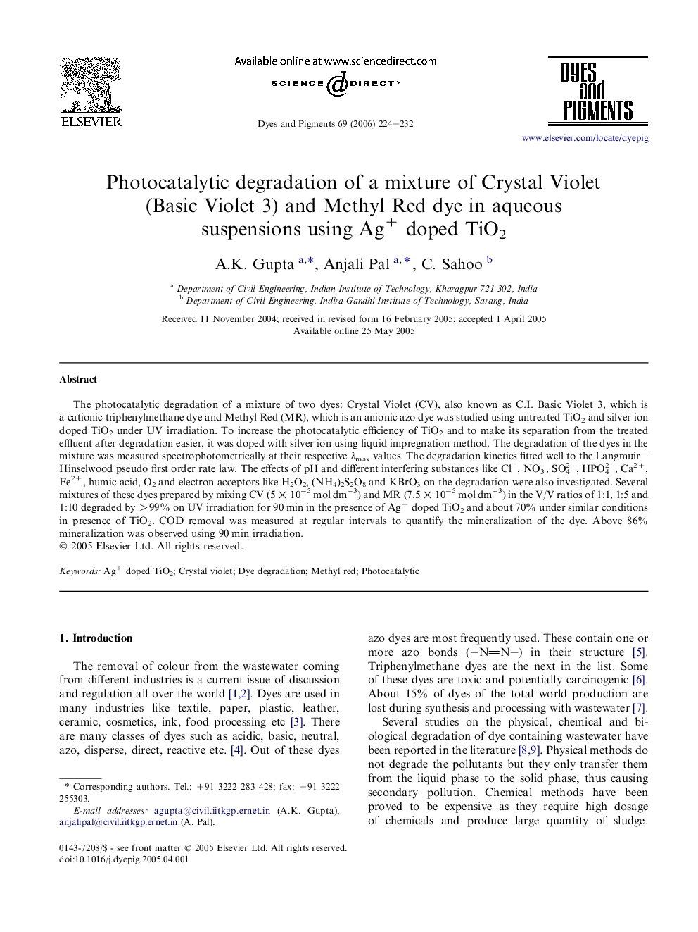 Photocatalytic degradation of a mixture of Crystal Violet (Basic Violet 3) and Methyl Red dye in aqueous suspensions using Ag+ doped TiO2