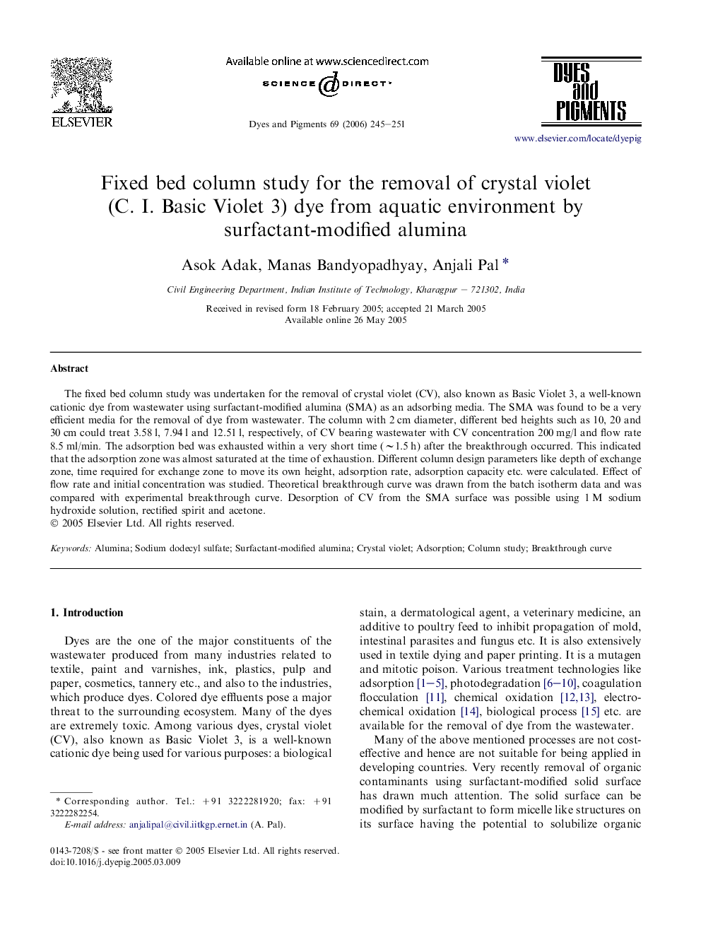 Fixed bed column study for the removal of crystal violet (C. I. Basic Violet 3) dye from aquatic environment by surfactant-modified alumina