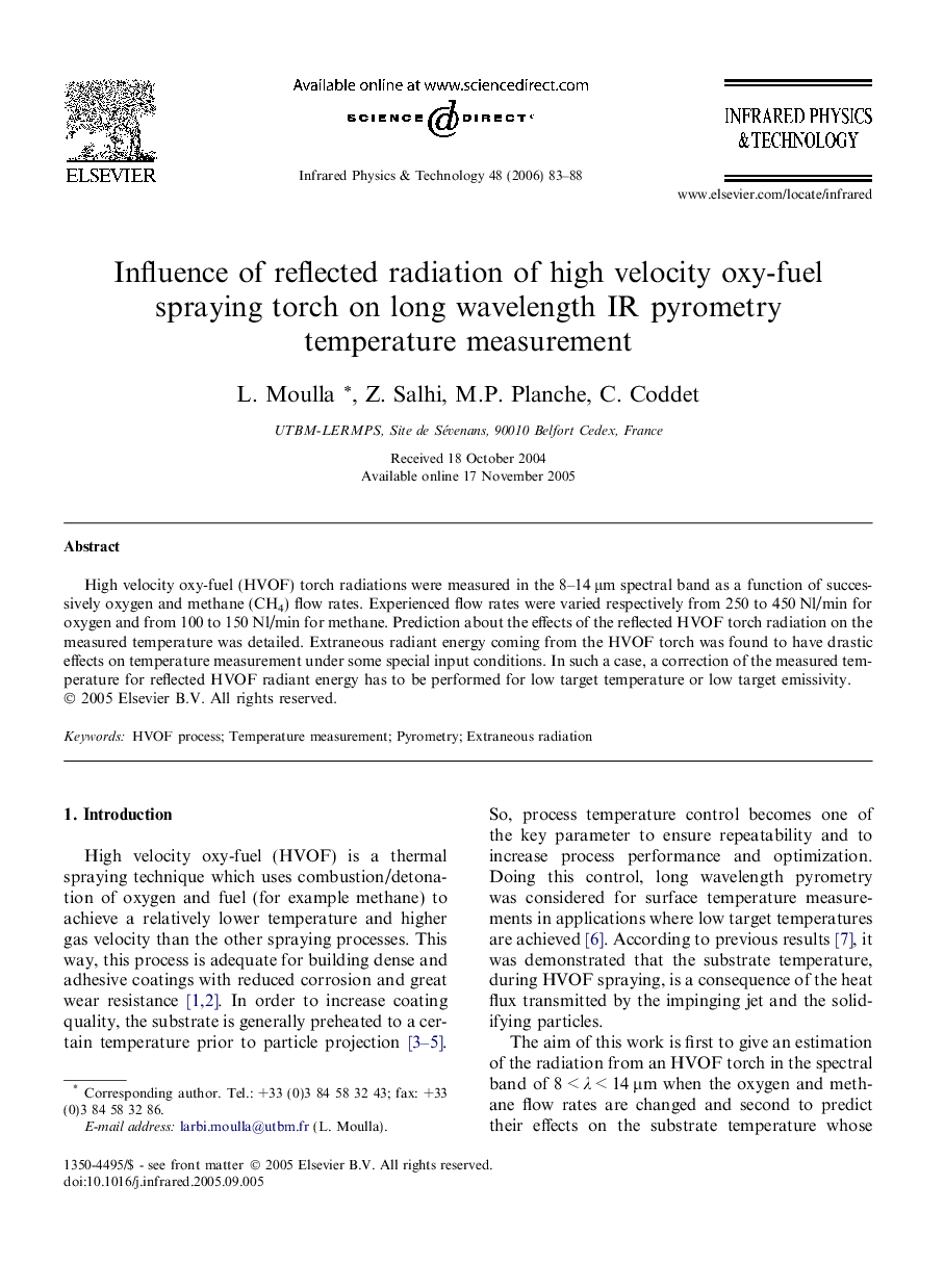 Influence of reflected radiation of high velocity oxy-fuel spraying torch on long wavelength IR pyrometry temperature measurement