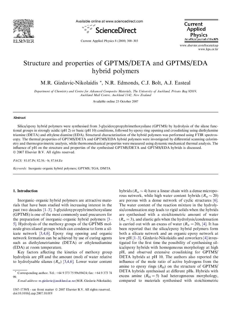 Structure and properties of GPTMS/DETA and GPTMS/EDA hybrid polymers
