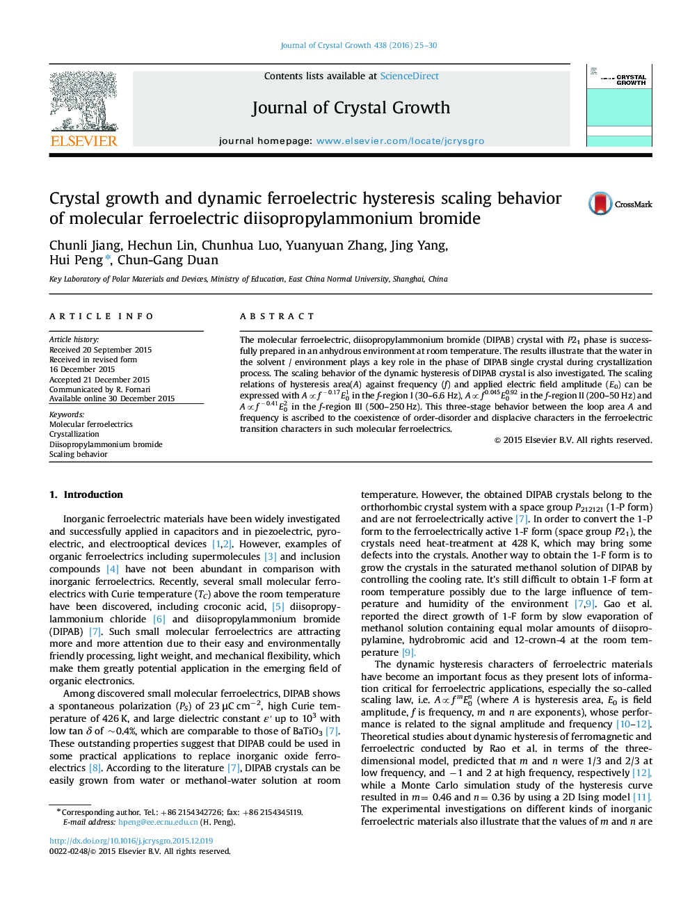 Crystal growth and dynamic ferroelectric hysteresis scaling behavior of molecular ferroelectric diisopropylammonium bromide