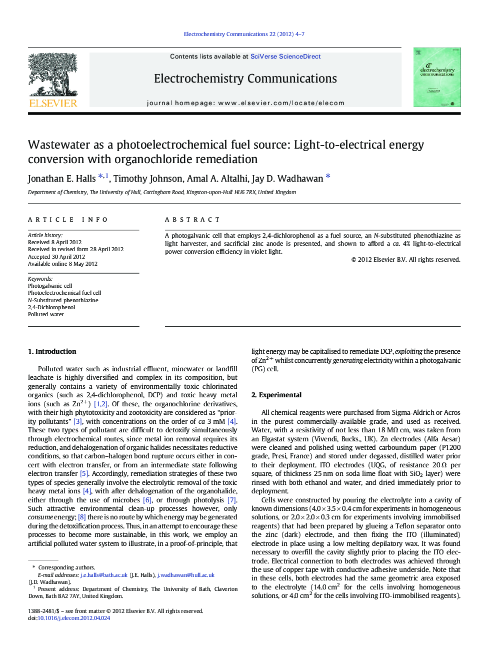 Wastewater as a photoelectrochemical fuel source: Light-to-electrical energy conversion with organochloride remediation