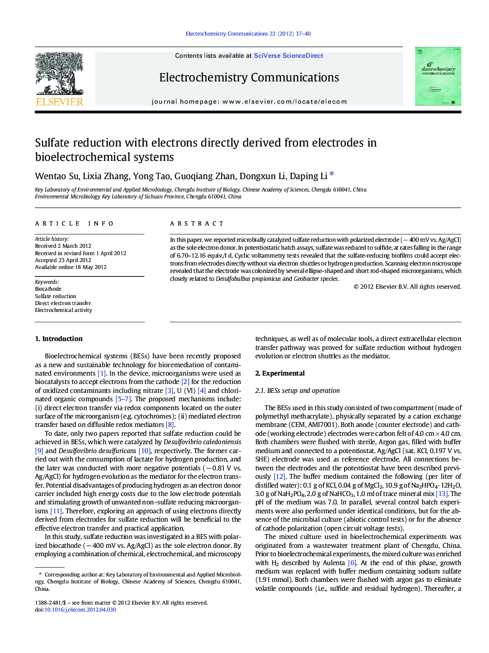 Sulfate reduction with electrons directly derived from electrodes in bioelectrochemical systems