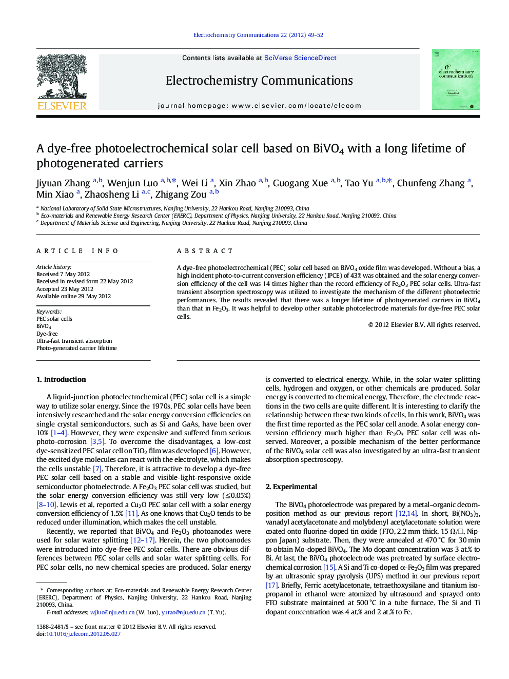 A dye-free photoelectrochemical solar cell based on BiVO4 with a long lifetime of photogenerated carriers