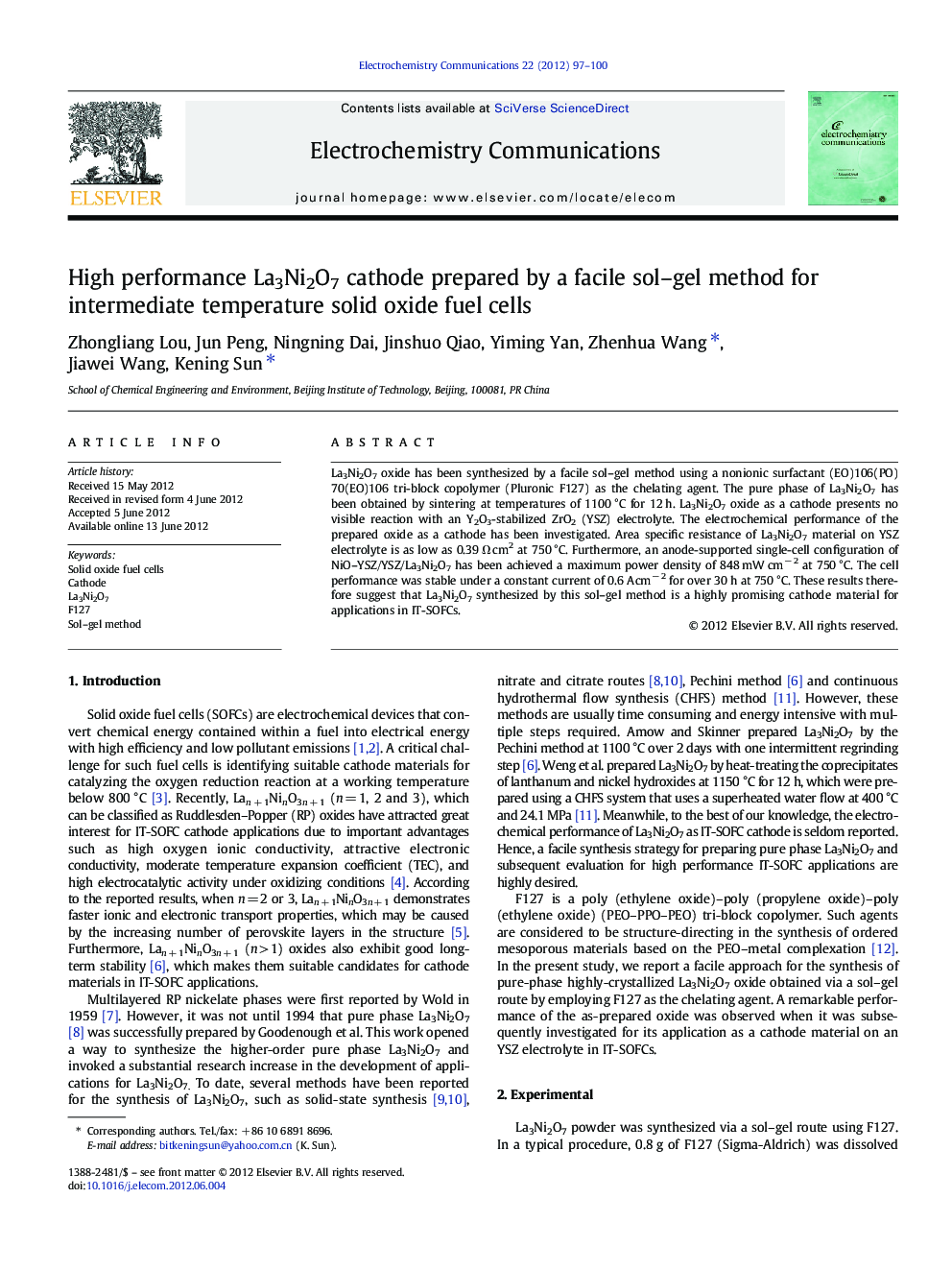 High performance La3Ni2O7 cathode prepared by a facile sol–gel method for intermediate temperature solid oxide fuel cells