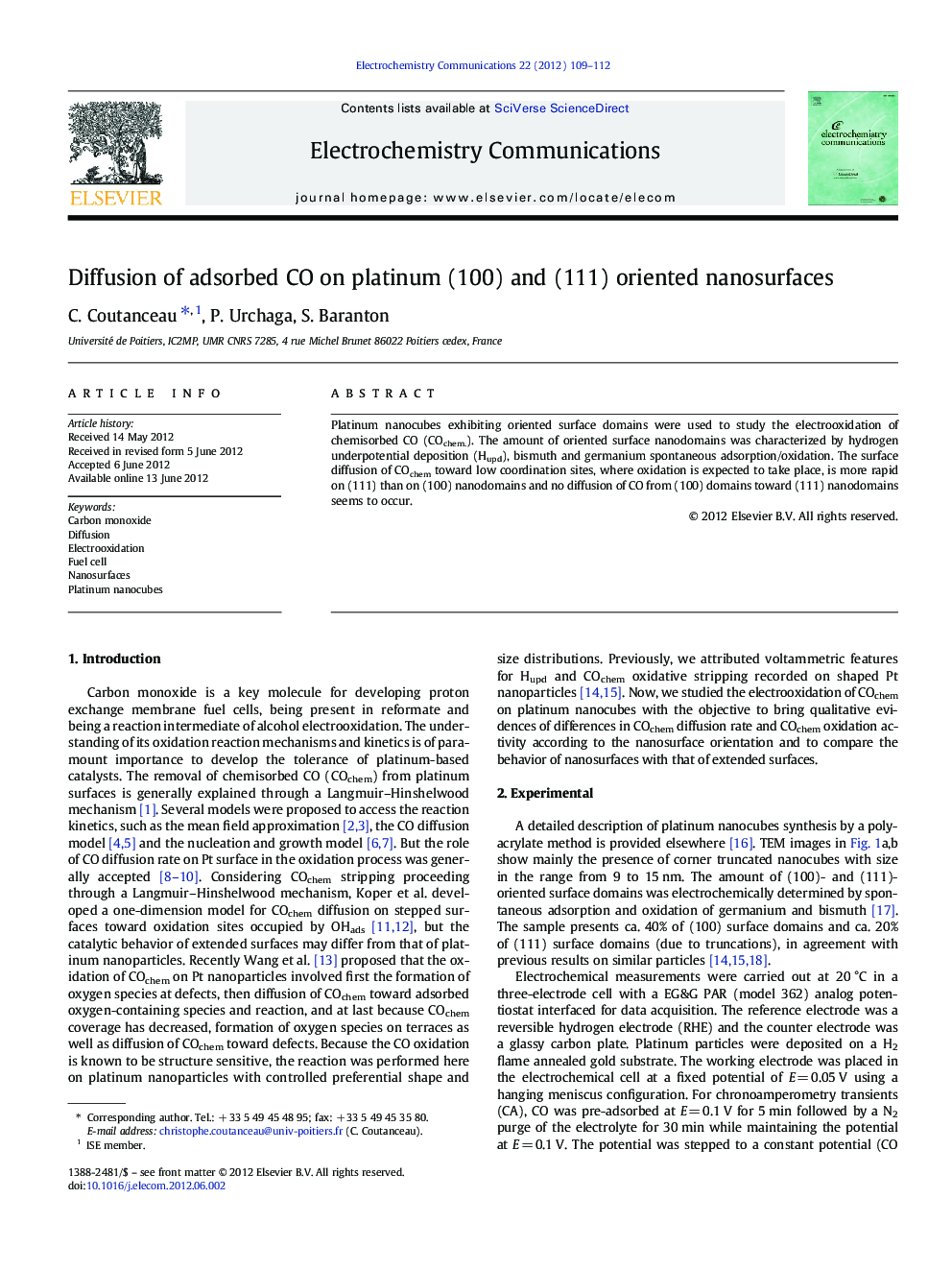 Diffusion of adsorbed CO on platinum (100) and (111) oriented nanosurfaces