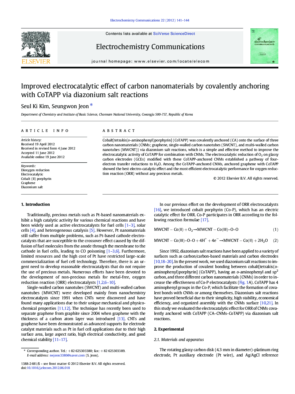 Improved electrocatalytic effect of carbon nanomaterials by covalently anchoring with CoTAPP via diazonium salt reactions