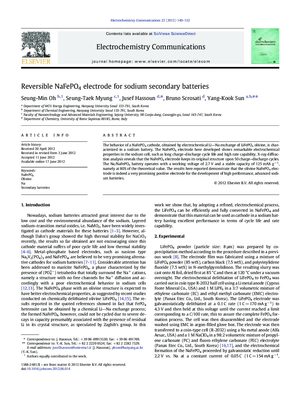 Reversible NaFePO4 electrode for sodium secondary batteries