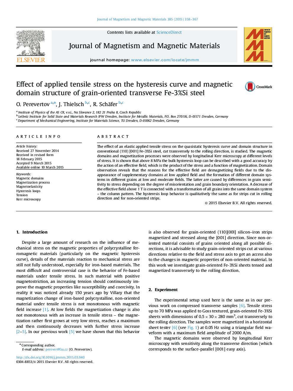 Effect of applied tensile stress on the hysteresis curve and magnetic domain structure of grain-oriented transverse Fe-3%Si steel