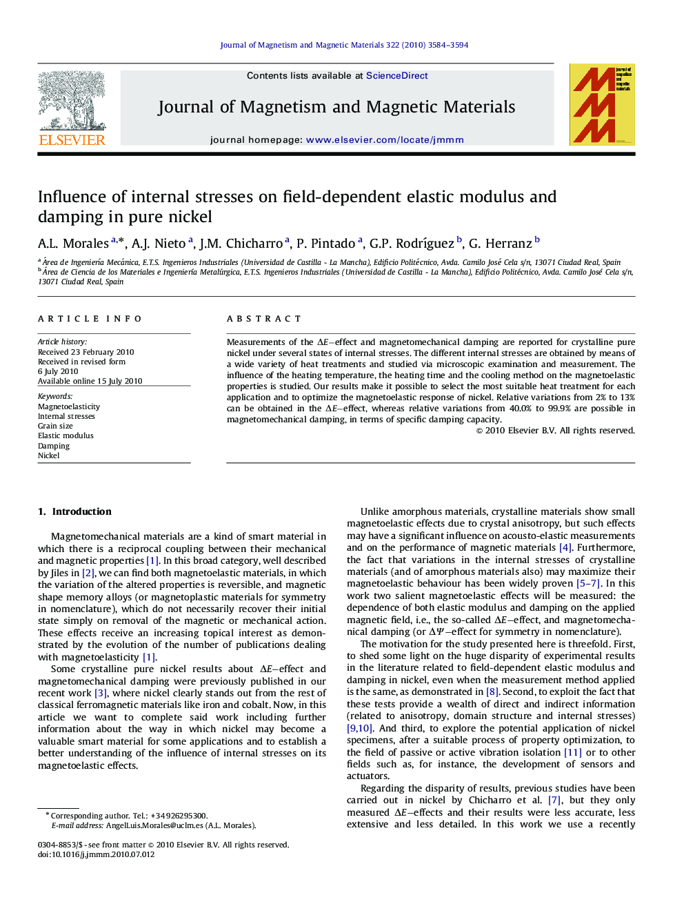 Influence of internal stresses on field-dependent elastic modulus and damping in pure nickel