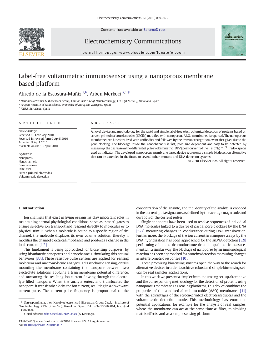 Label-free voltammetric immunosensor using a nanoporous membrane based platform