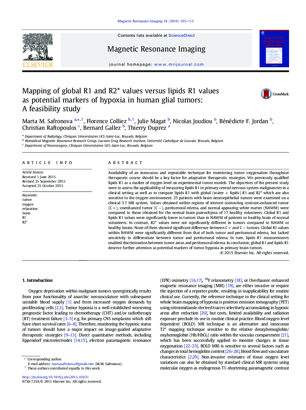 Mapping of global R1 and R2* values versus lipids R1 values as potential markers of hypoxia in human glial tumors: A feasibility study