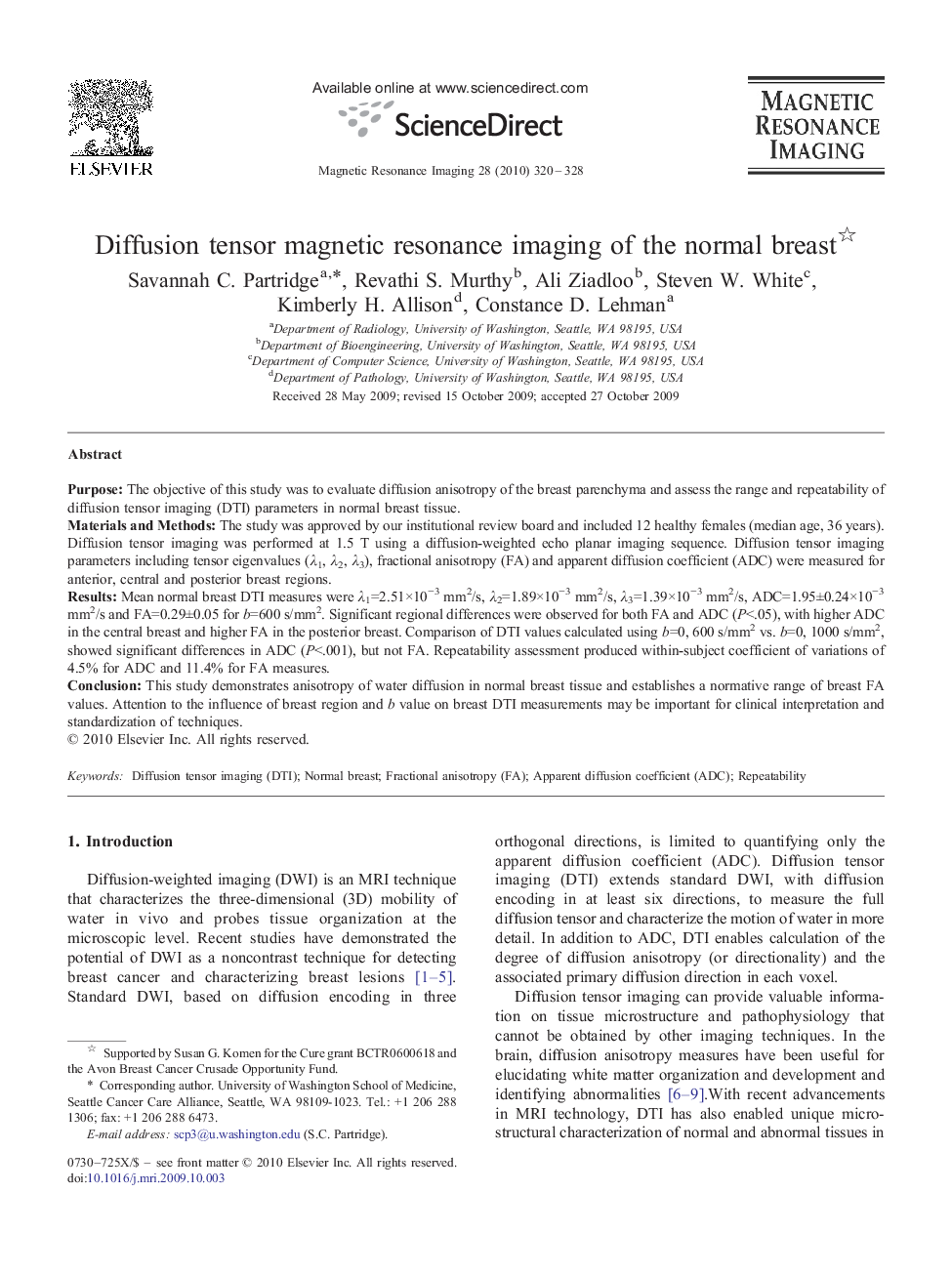 Diffusion tensor magnetic resonance imaging of the normal breast 