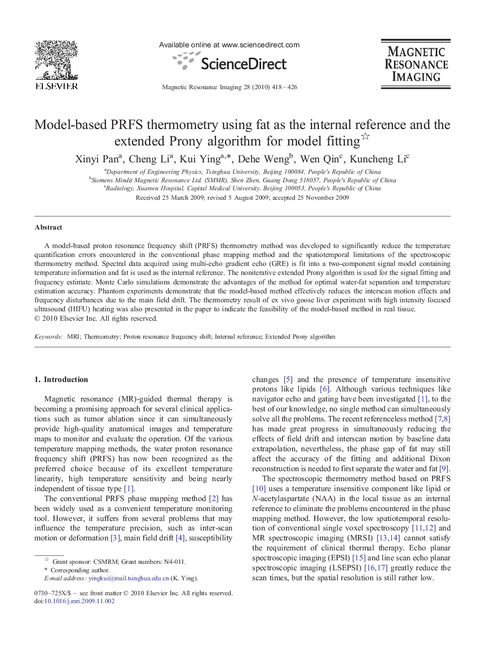 Model-based PRFS thermometry using fat as the internal reference and the extended Prony algorithm for model fitting 