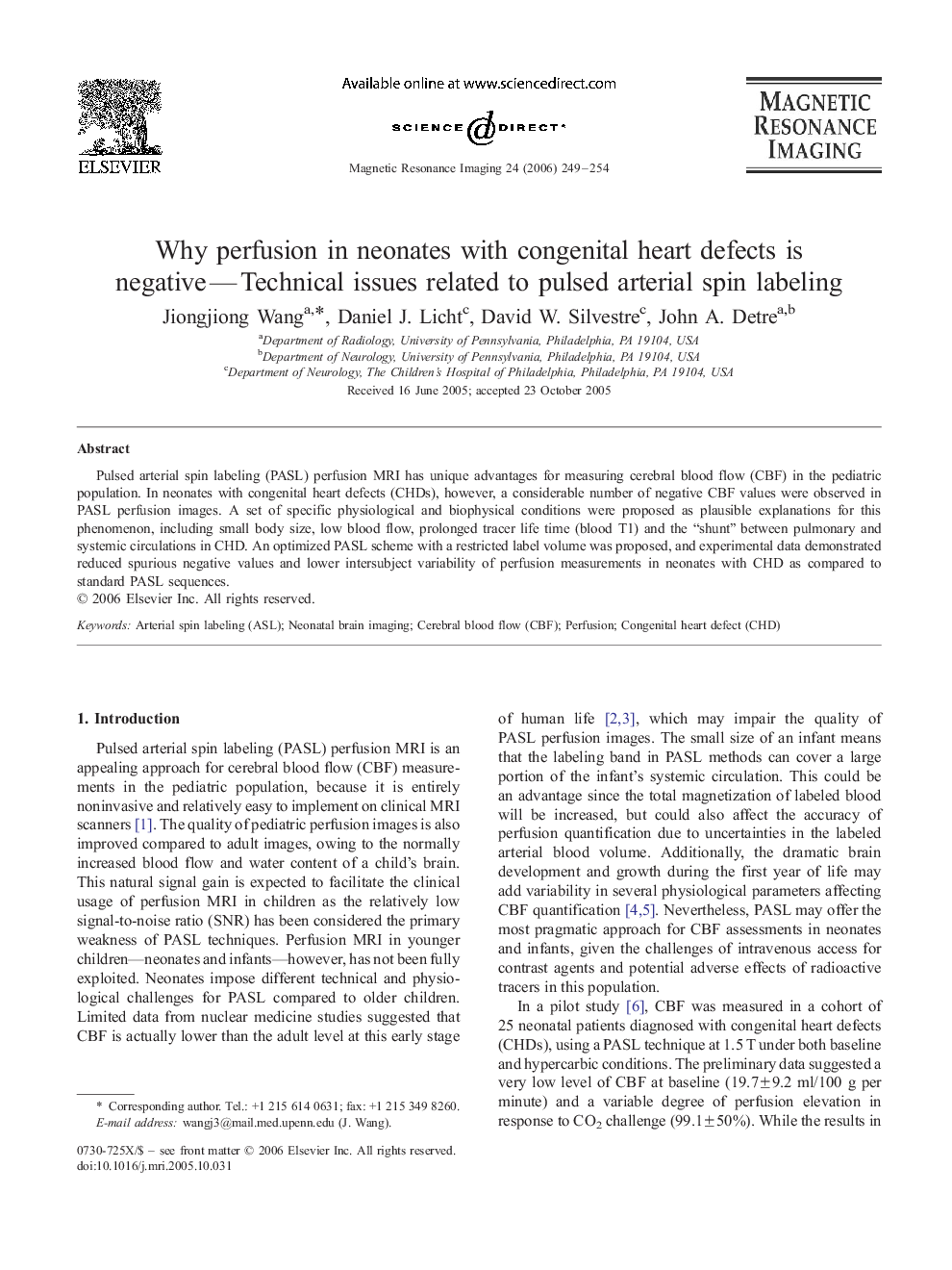 Why perfusion in neonates with congenital heart defects is negative - Technical issues related to pulsed arterial spin labeling