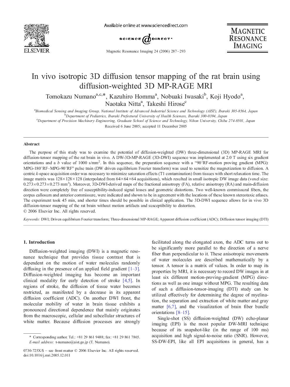 In vivo isotropic 3D diffusion tensor mapping of the rat brain using diffusion-weighted 3D MP-RAGE MRI