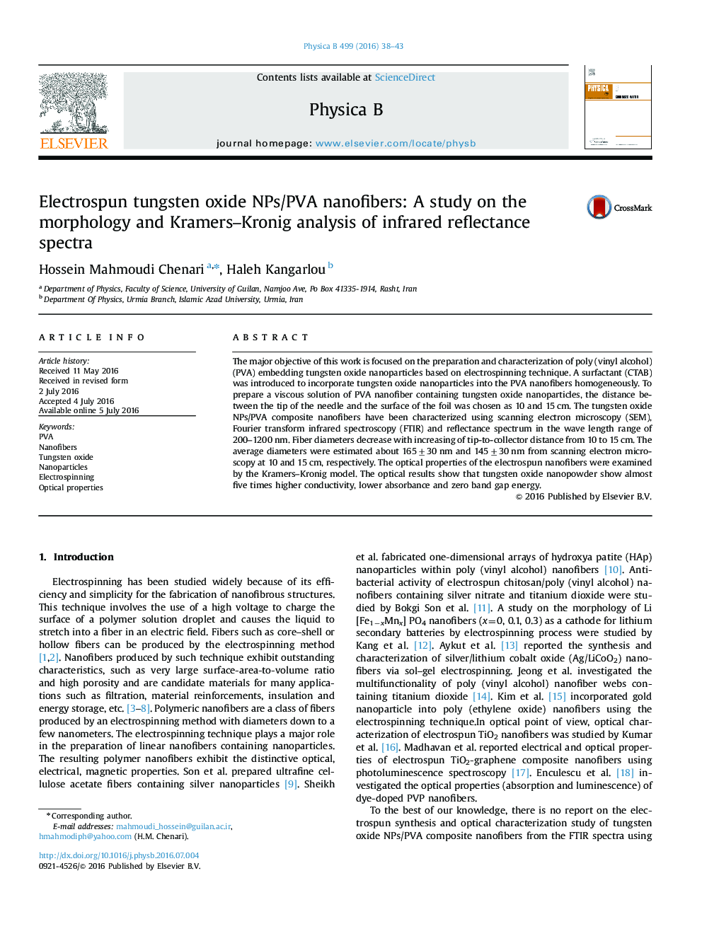Electrospun tungsten oxide NPs/PVA nanofibers: A study on the morphology and Kramers–Kronig analysis of infrared reflectance spectra