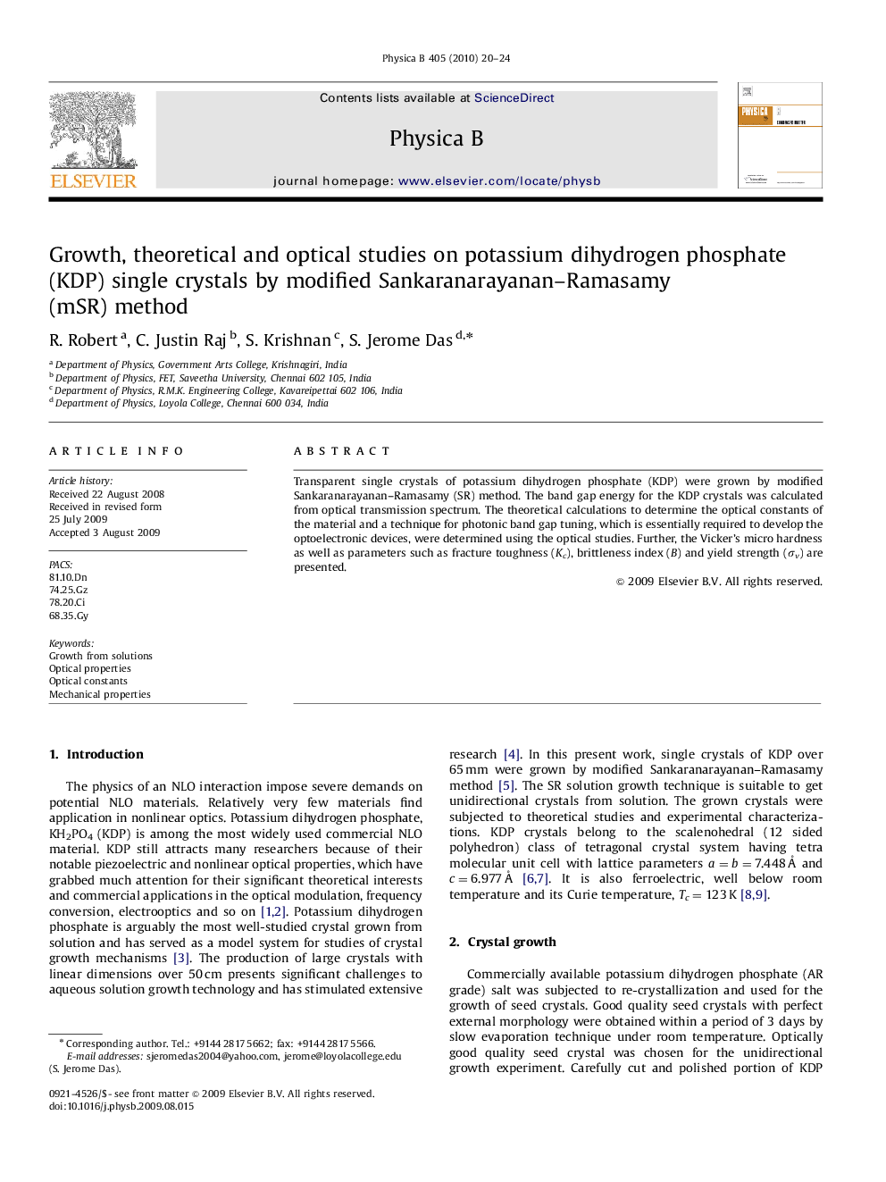 Growth, theoretical and optical studies on potassium dihydrogen phosphate (KDP) single crystals by modified Sankaranarayanan–Ramasamy (mSR) method