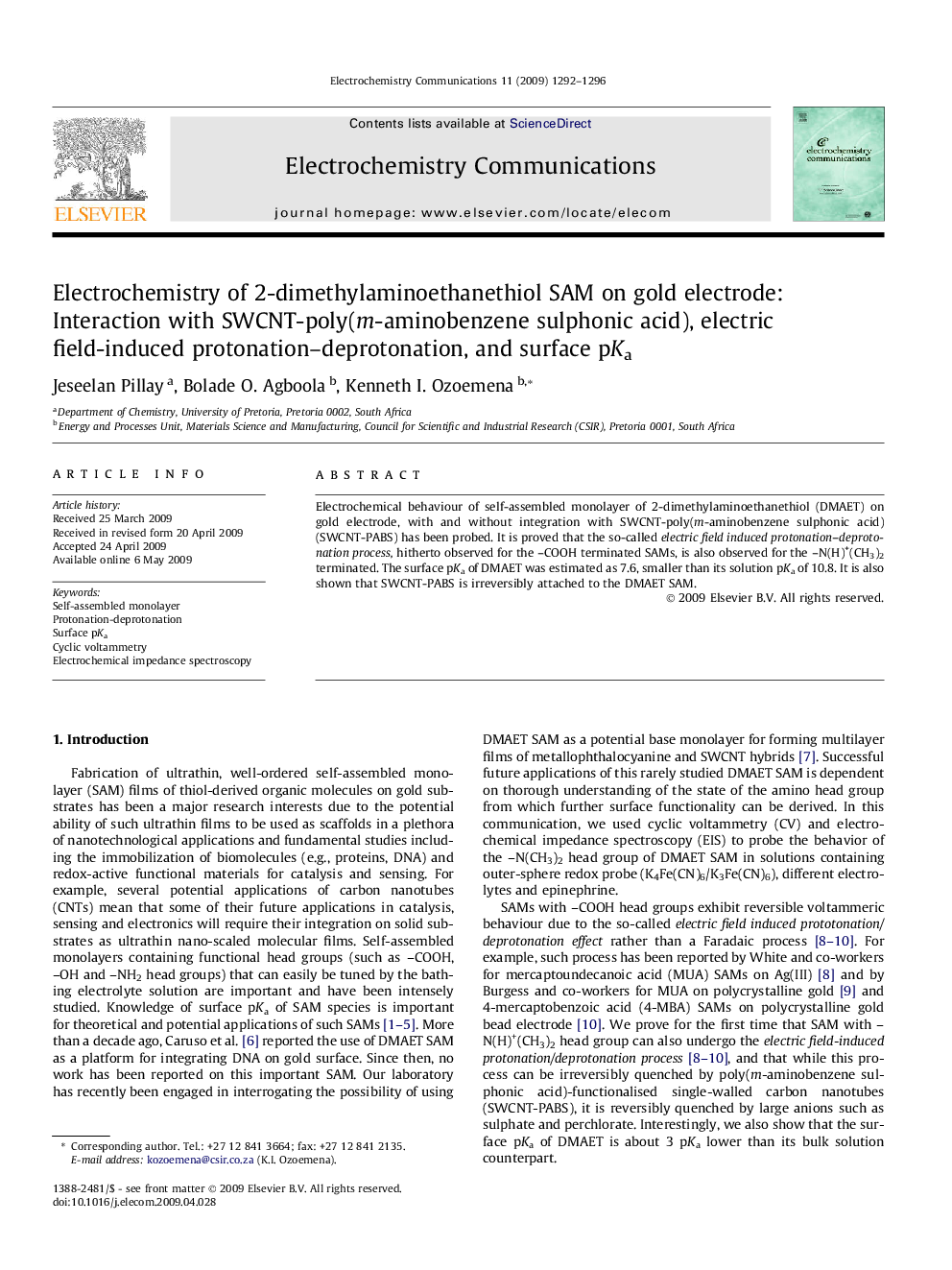 Electrochemistry of 2-dimethylaminoethanethiol SAM on gold electrode: Interaction with SWCNT-poly(m-aminobenzene sulphonic acid), electric field-induced protonation–deprotonation, and surface pKa