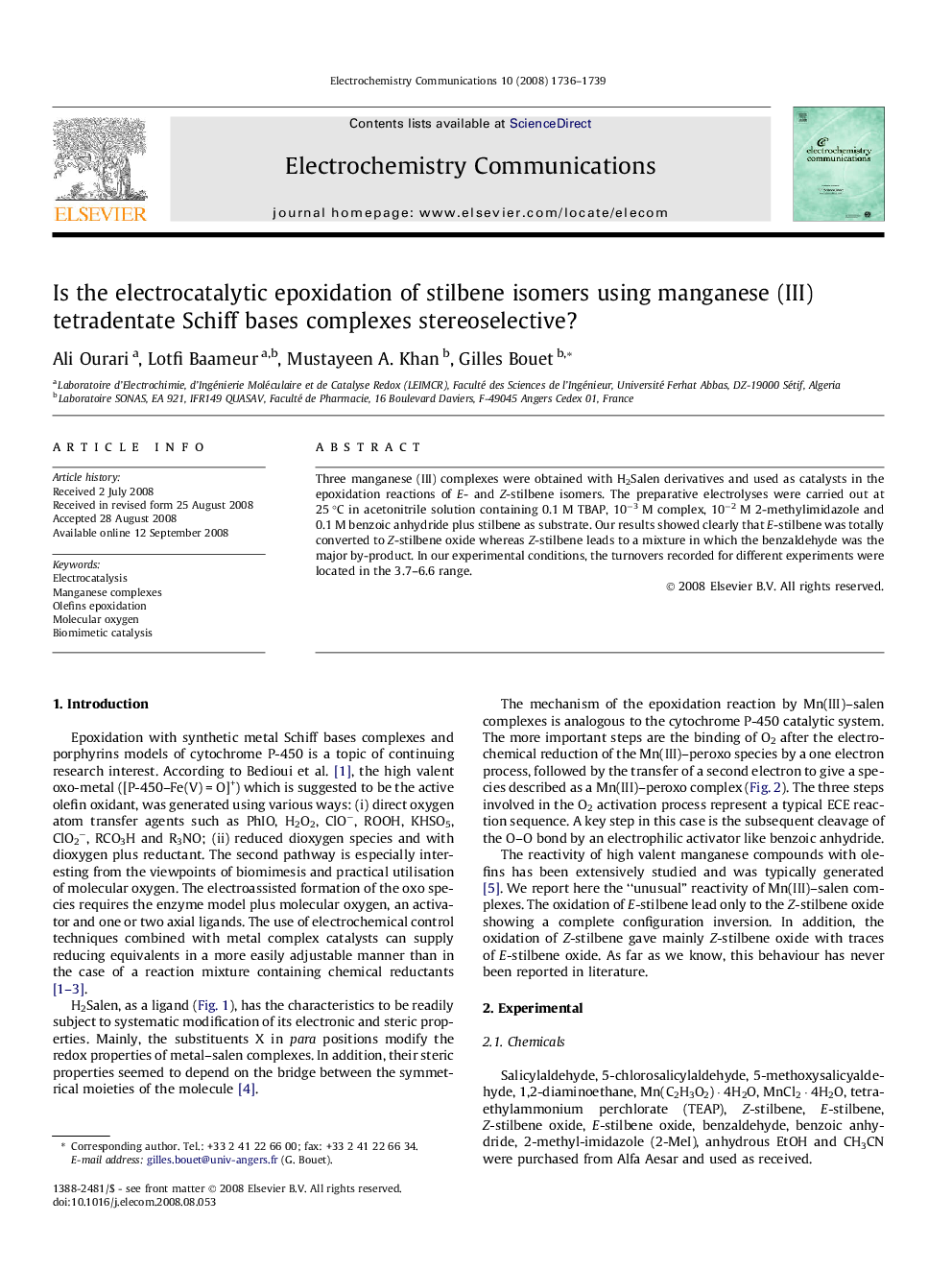 Is the electrocatalytic epoxidation of stilbene isomers using manganese (III) tetradentate Schiff bases complexes stereoselective?