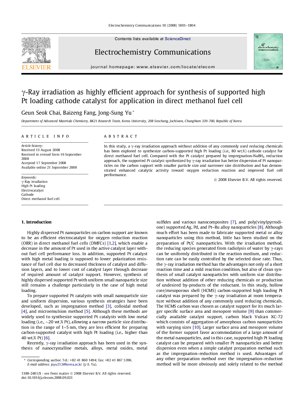 γ-Ray irradiation as highly efficient approach for synthesis of supported high Pt loading cathode catalyst for application in direct methanol fuel cell