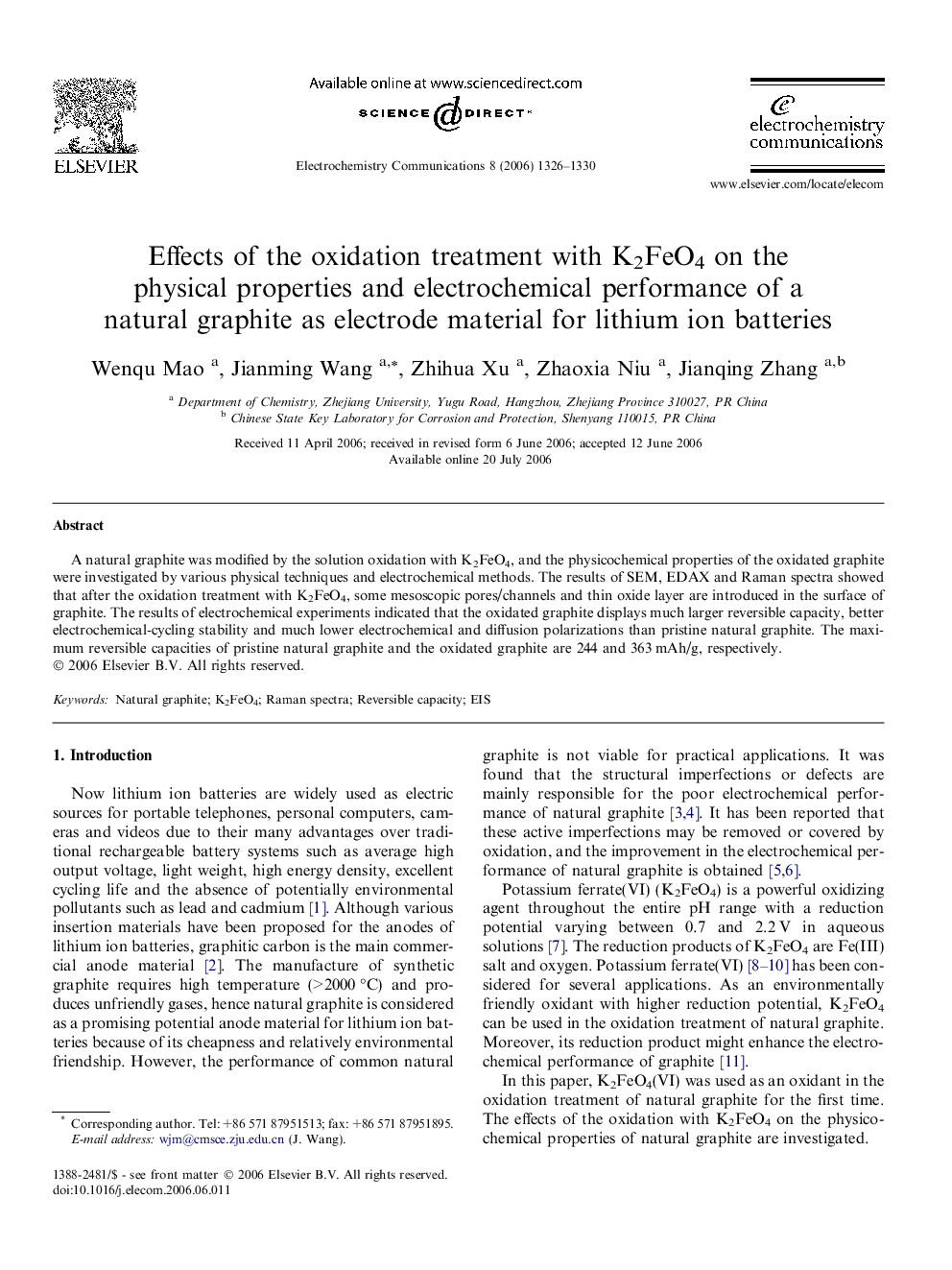 Effects of the oxidation treatment with K2FeO4 on the physical properties and electrochemical performance of a natural graphite as electrode material for lithium ion batteries