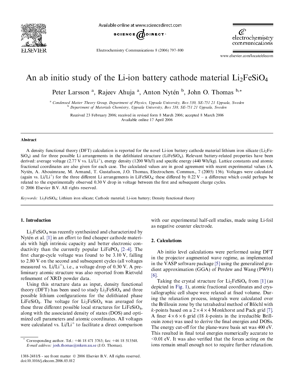 An ab initio study of the Li-ion battery cathode material Li2FeSiO4