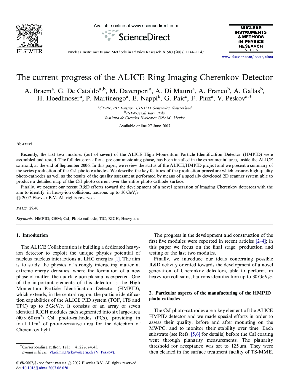 The current progress of the ALICE Ring Imaging Cherenkov Detector