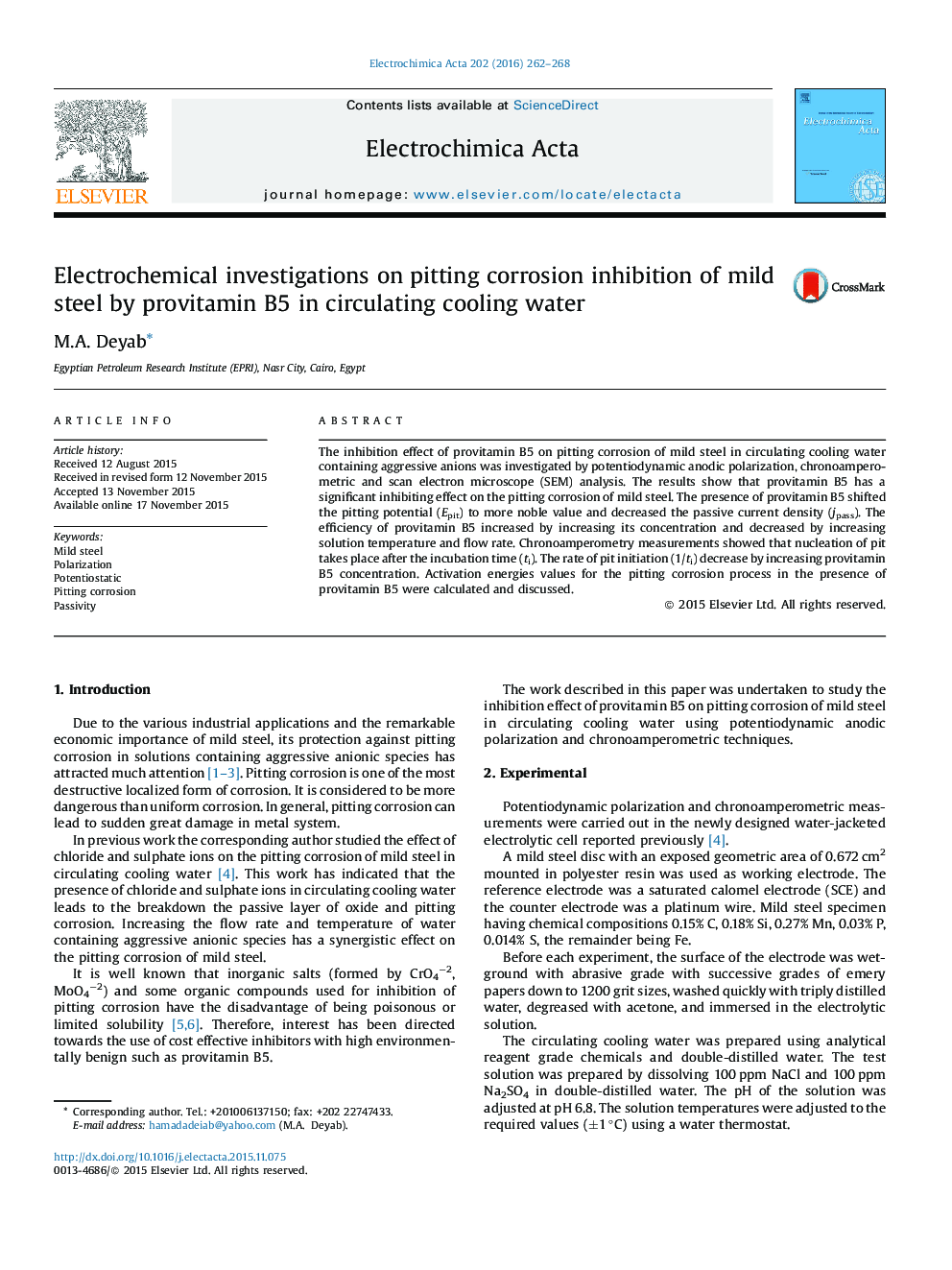 Electrochemical investigations on pitting corrosion inhibition of mild steel by provitamin B5 in circulating cooling water