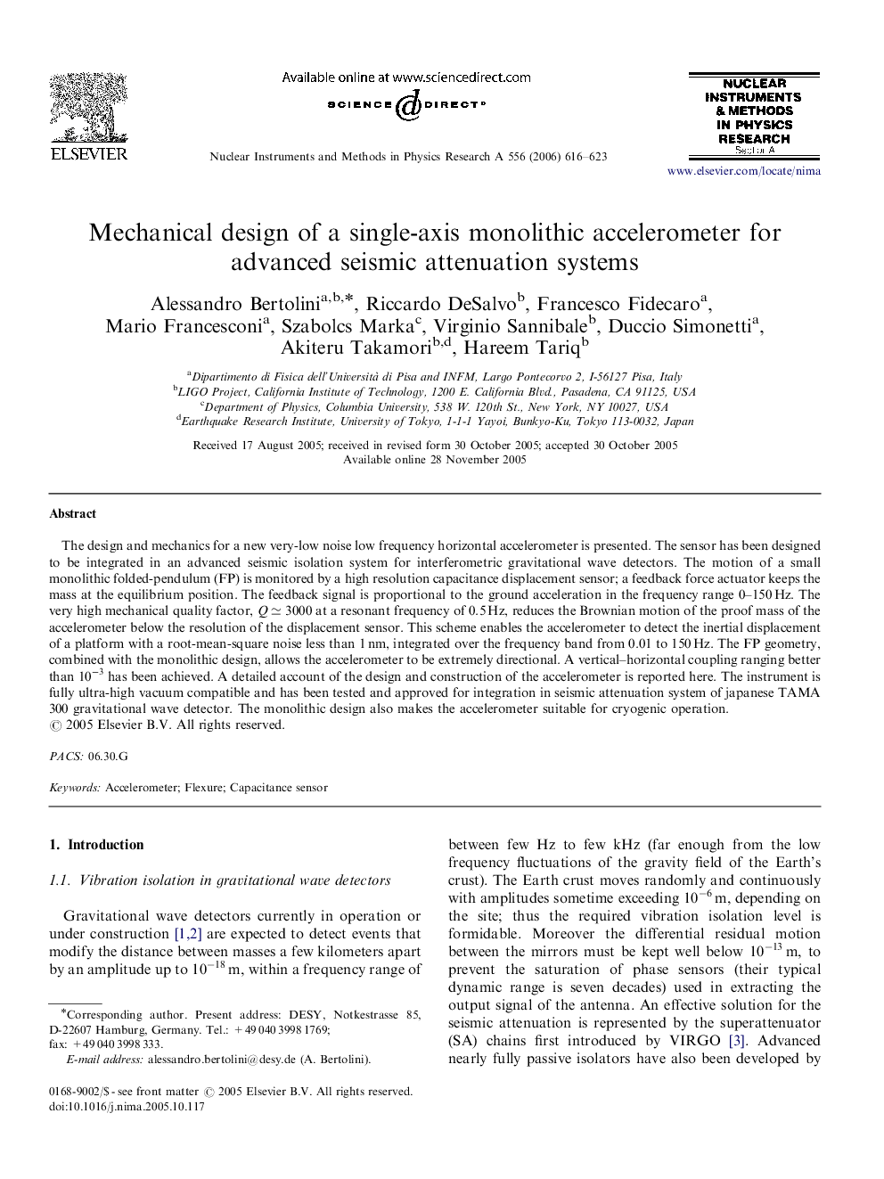 Mechanical design of a single-axis monolithic accelerometer for advanced seismic attenuation systems