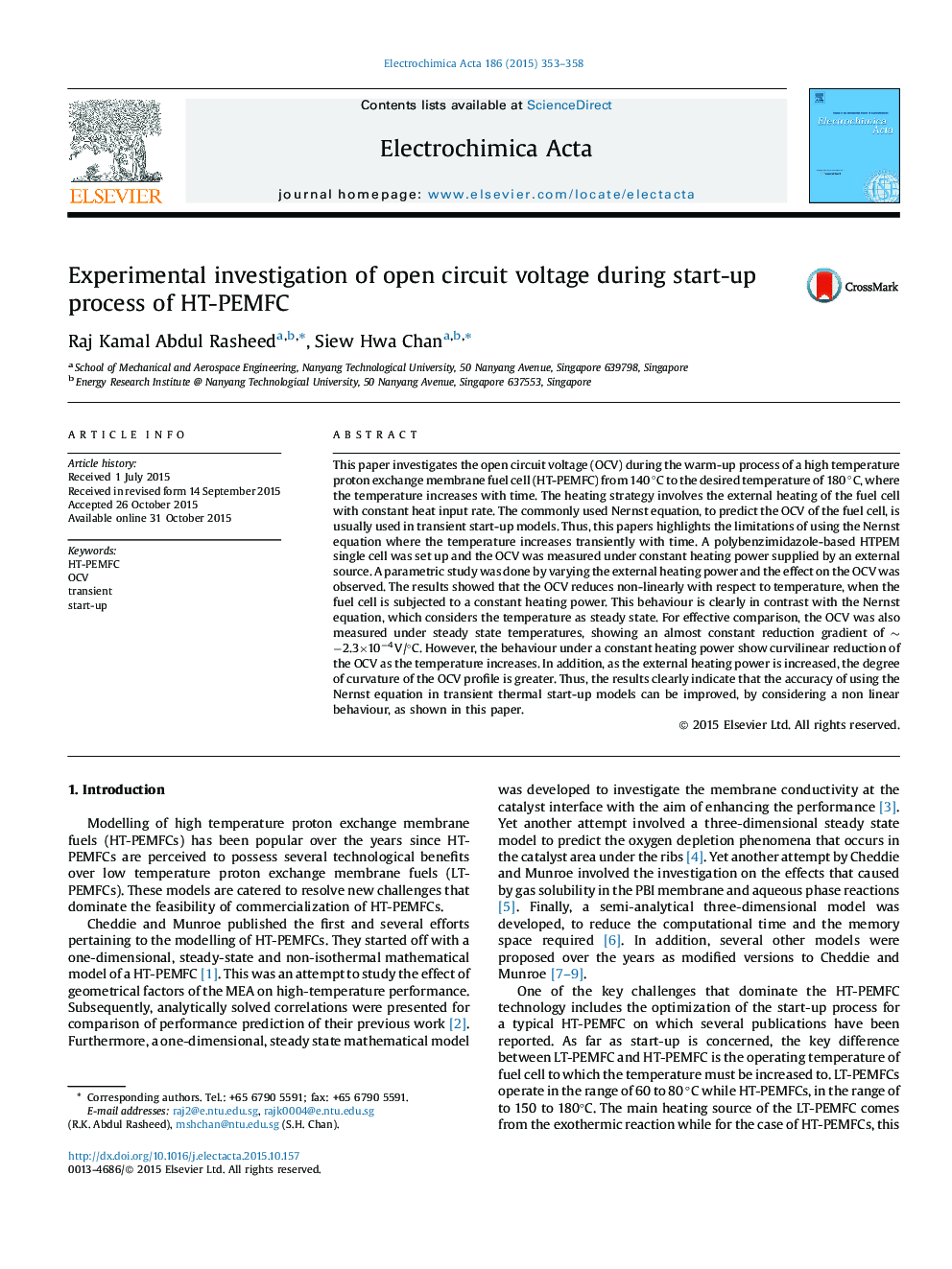 Experimental investigation of open circuit voltage during start-up process of HT-PEMFC