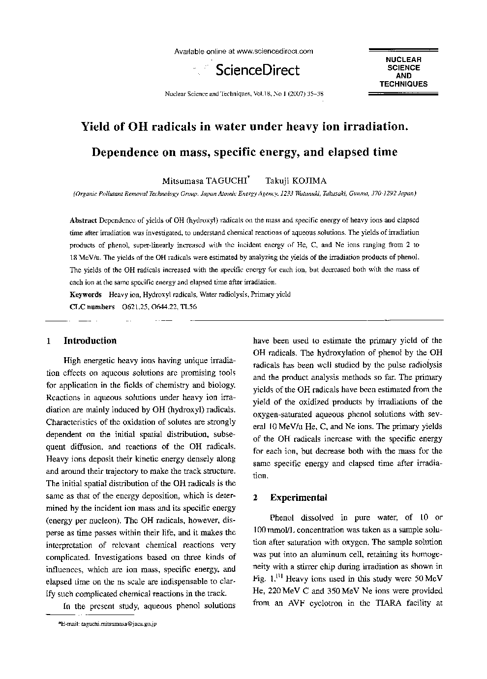 Yield of OH radicals in water under heavy ion irradiation. Dependence on mass, specific energy, and elapsed time