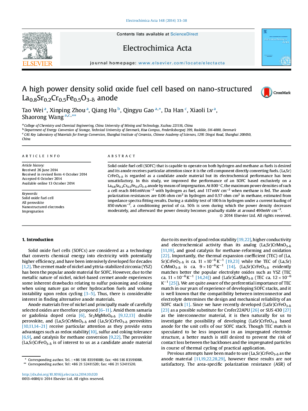 A high power density solid oxide fuel cell based on nano-structured La0.8Sr0.2Cr0.5Fe0.5O3-δ anode