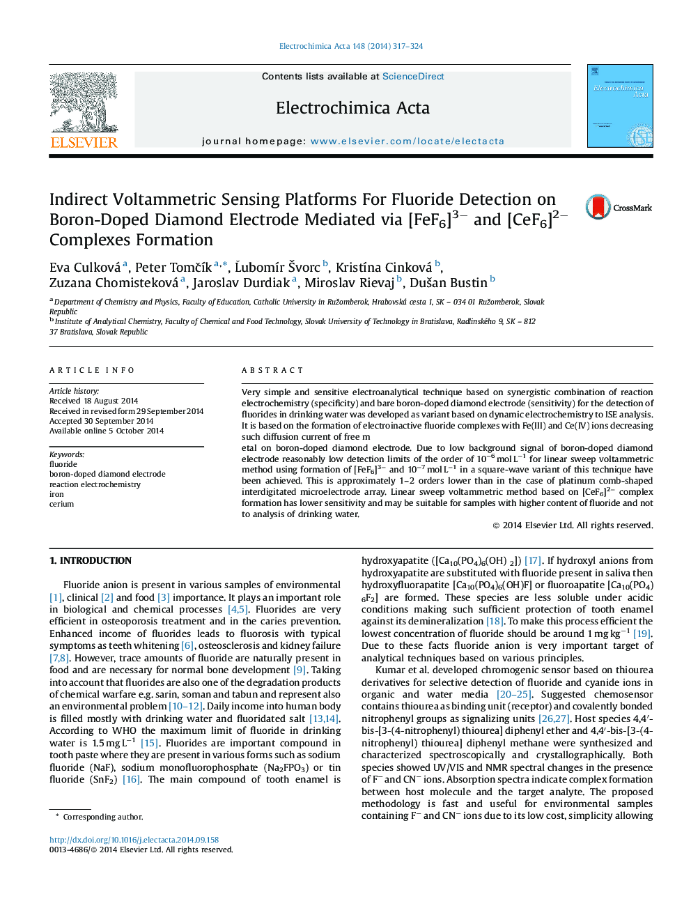 Indirect Voltammetric Sensing Platforms For Fluoride Detection on Boron-Doped Diamond Electrode Mediated via [FeF6]3− and [CeF6]2− Complexes Formation