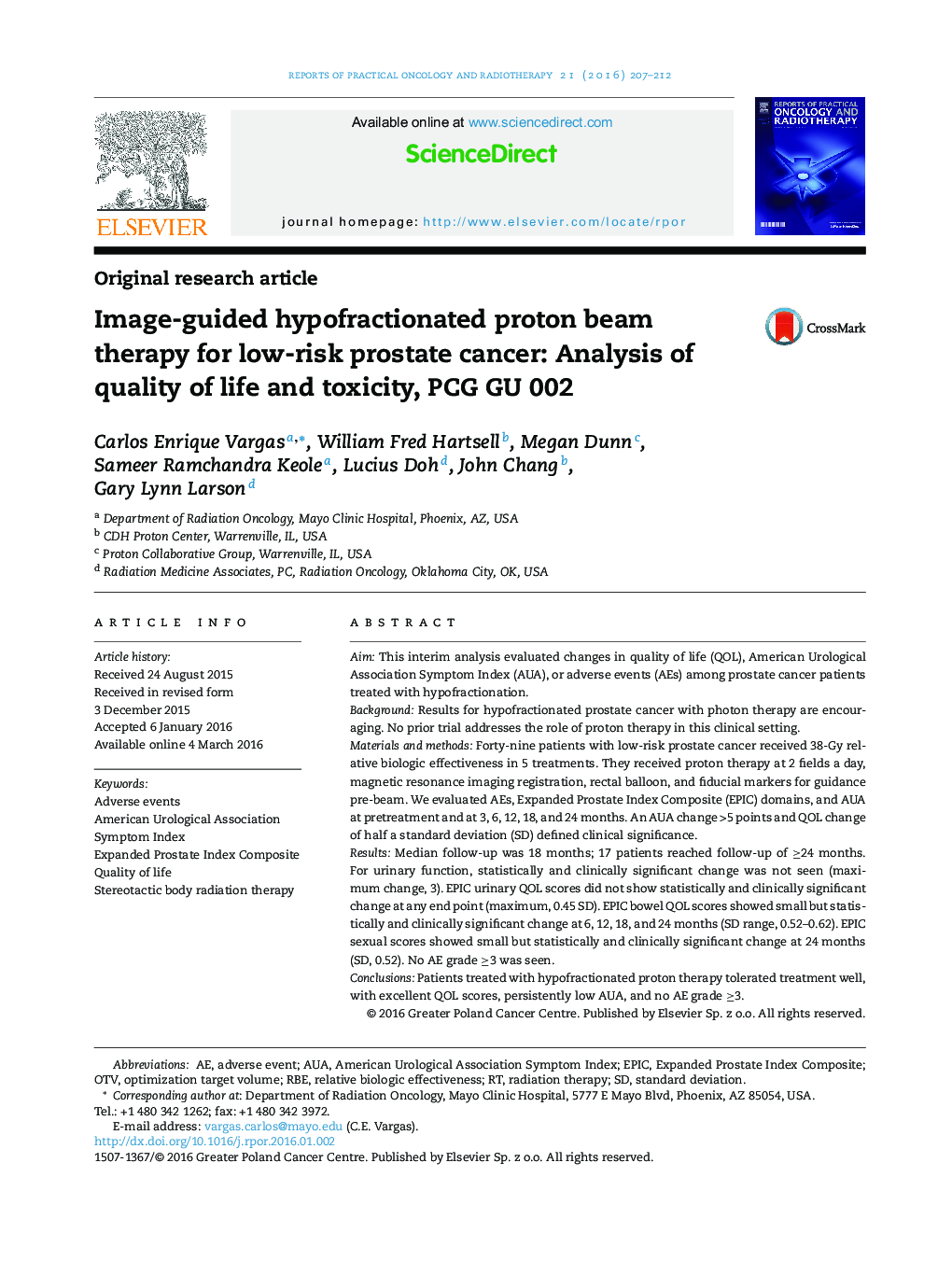 درمان پرتو پروتون با هدایت تصویر hypofractionated برای سرطان پروستات کم خطر: تجزیه و تحلیل کیفیت زندگی و سمیت، PCG GU 002