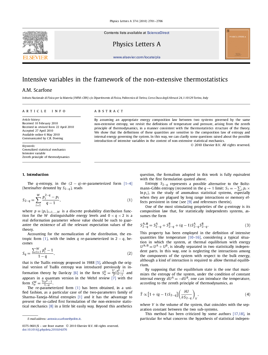 Intensive variables in the framework of the non-extensive thermostatistics