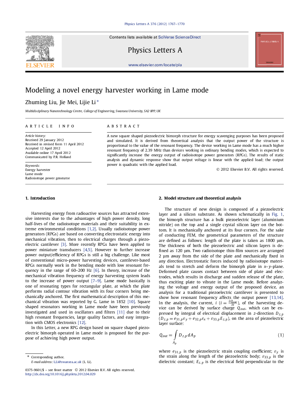 Modeling a novel energy harvester working in Lame mode