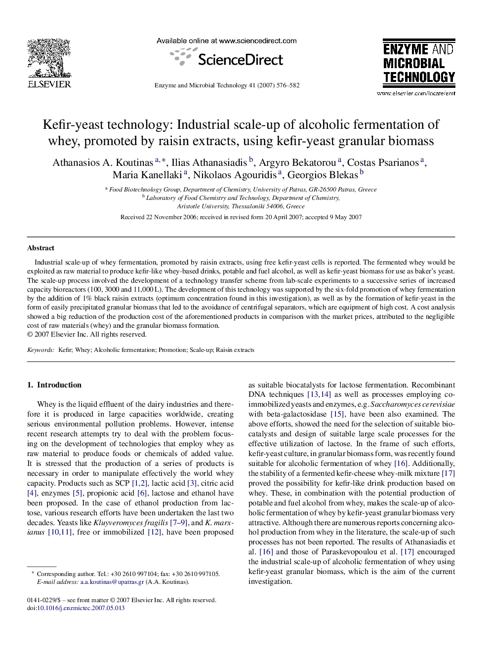 Kefir-yeast technology: Industrial scale-up of alcoholic fermentation of whey, promoted by raisin extracts, using kefir-yeast granular biomass