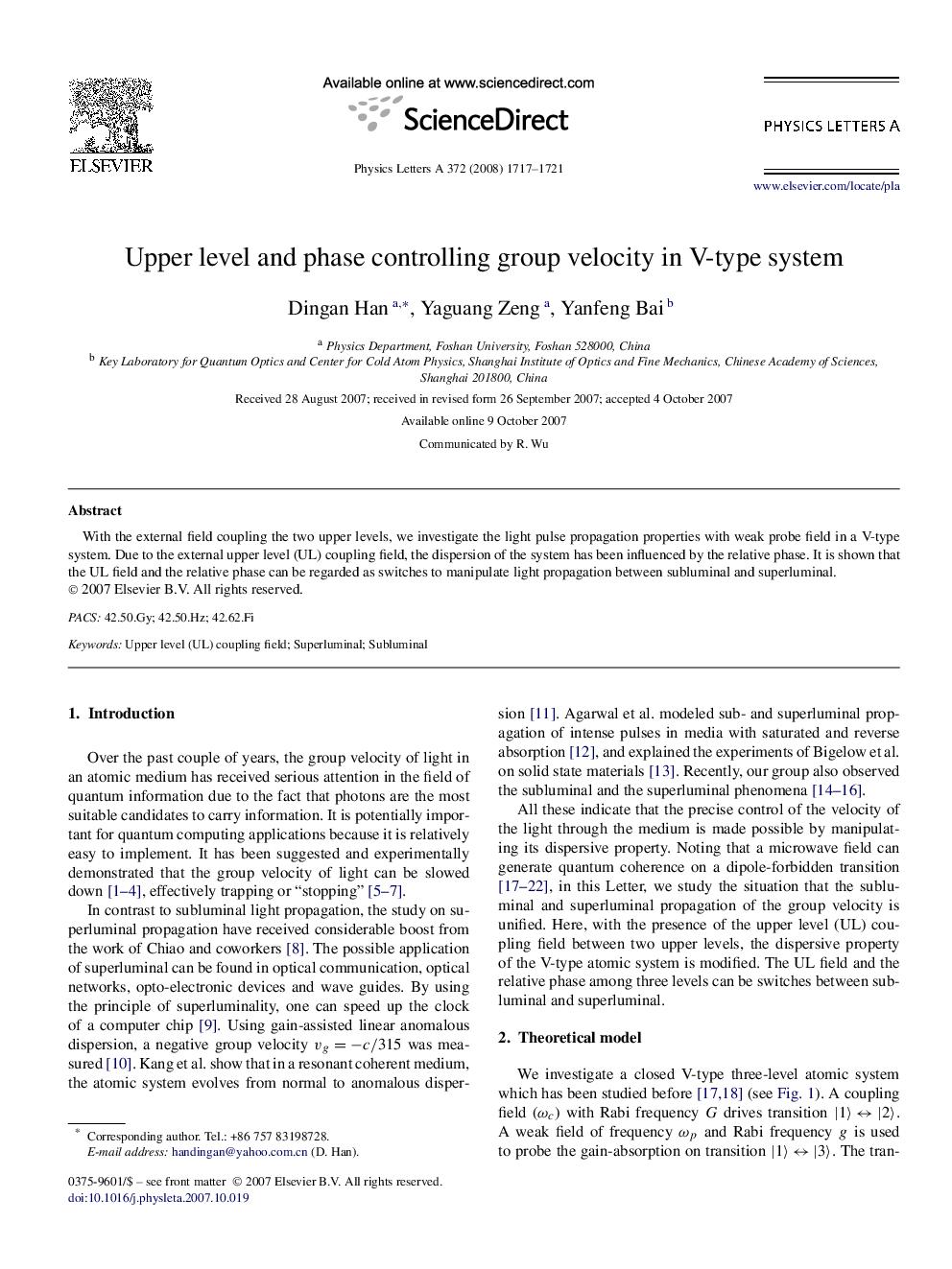 Upper level and phase controlling group velocity in V-type system