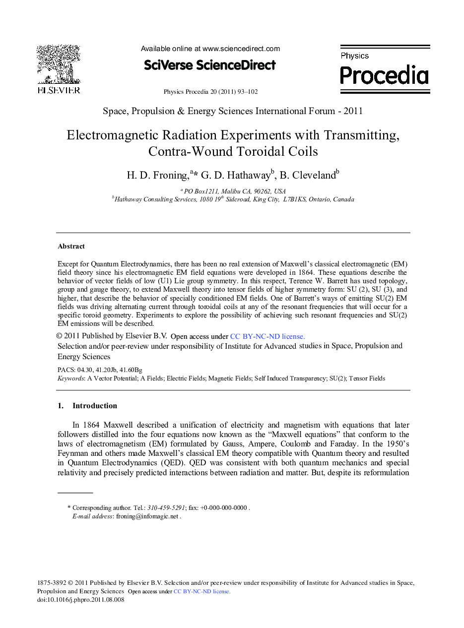 Electromagnetic Radiation Experiments with Transmitting, Contra-Wound Toroidal Coils