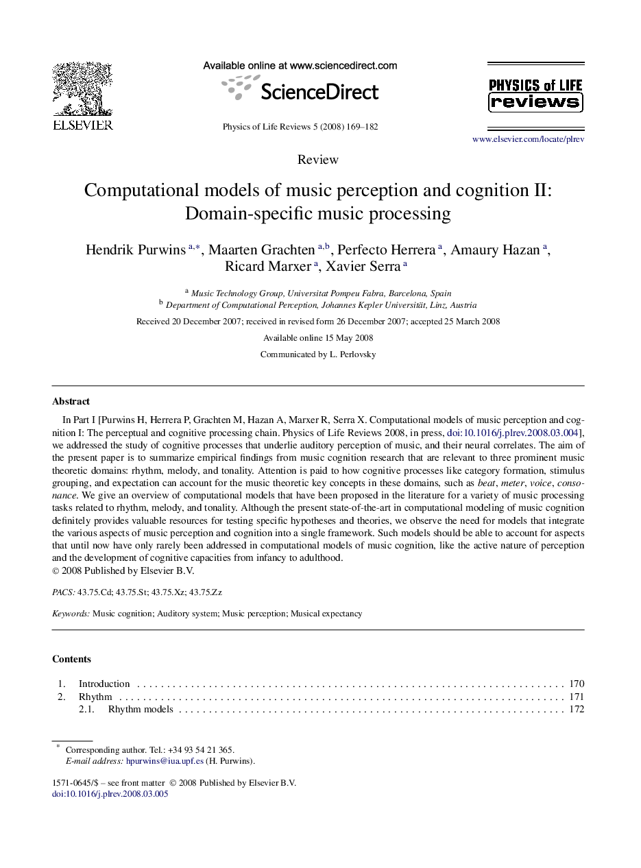 Computational models of music perception and cognition II: Domain-specific music processing