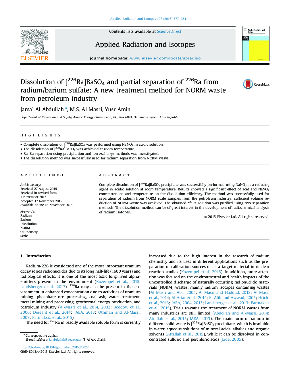 Dissolution of [226Ra]BaSO4 and partial separation of 226Ra from radium/barium sulfate: A new treatment method for NORM waste from petroleum industry